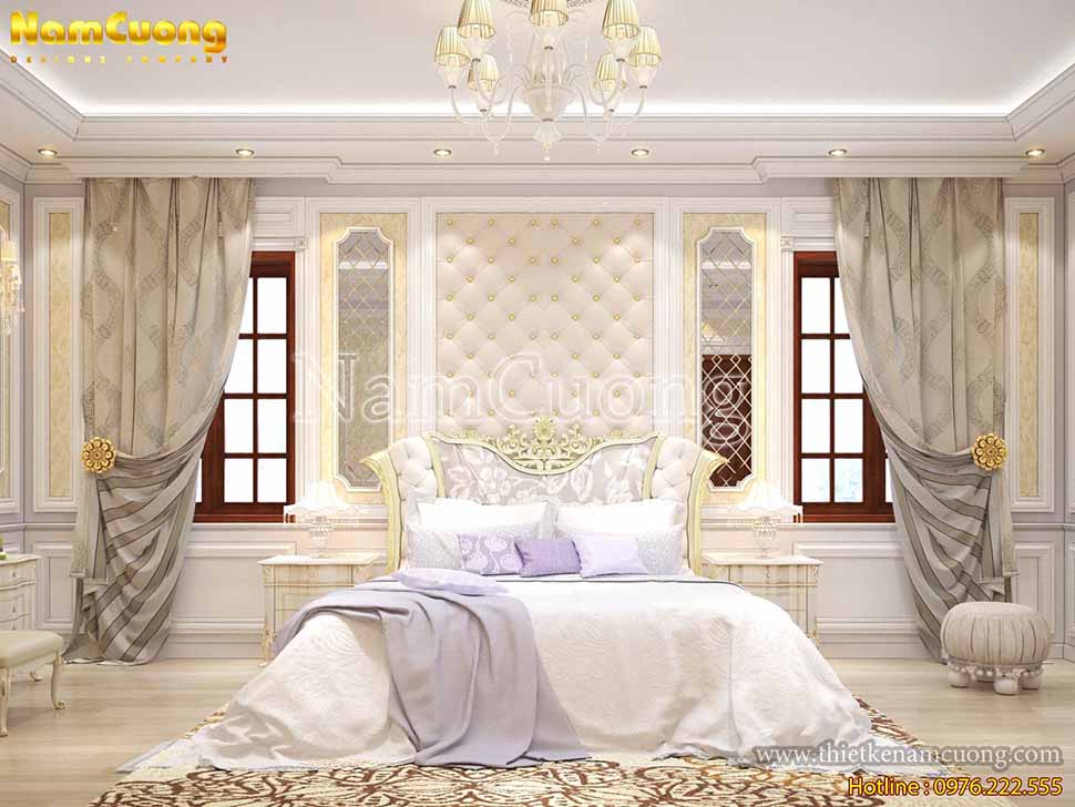 Phòng ngủ màu trắng điểm chút gam tím lãng mạn trong mẫu nội thất biệt thự Pháp cổ