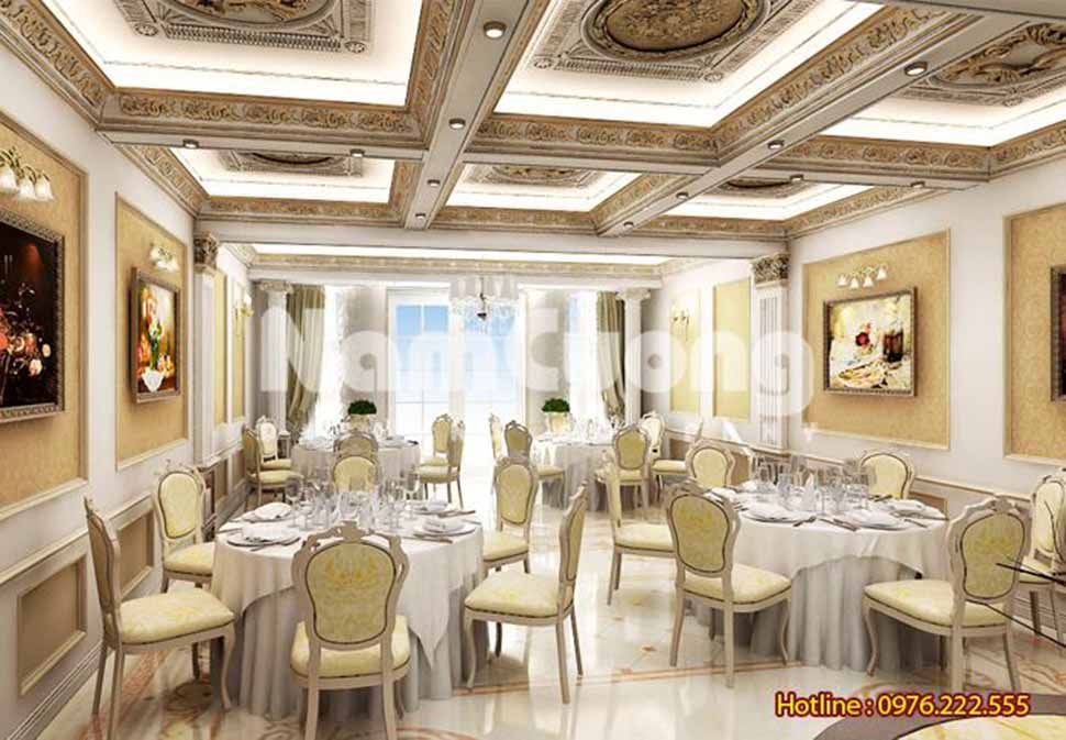 Sự lựa chọn hoàn hảo nhất để làm nổi bật vẻ sang trọng, hào nhoáng, thượng đẳng là thiết kế nội thất phòng ăn khách sạn kiểu Pháp